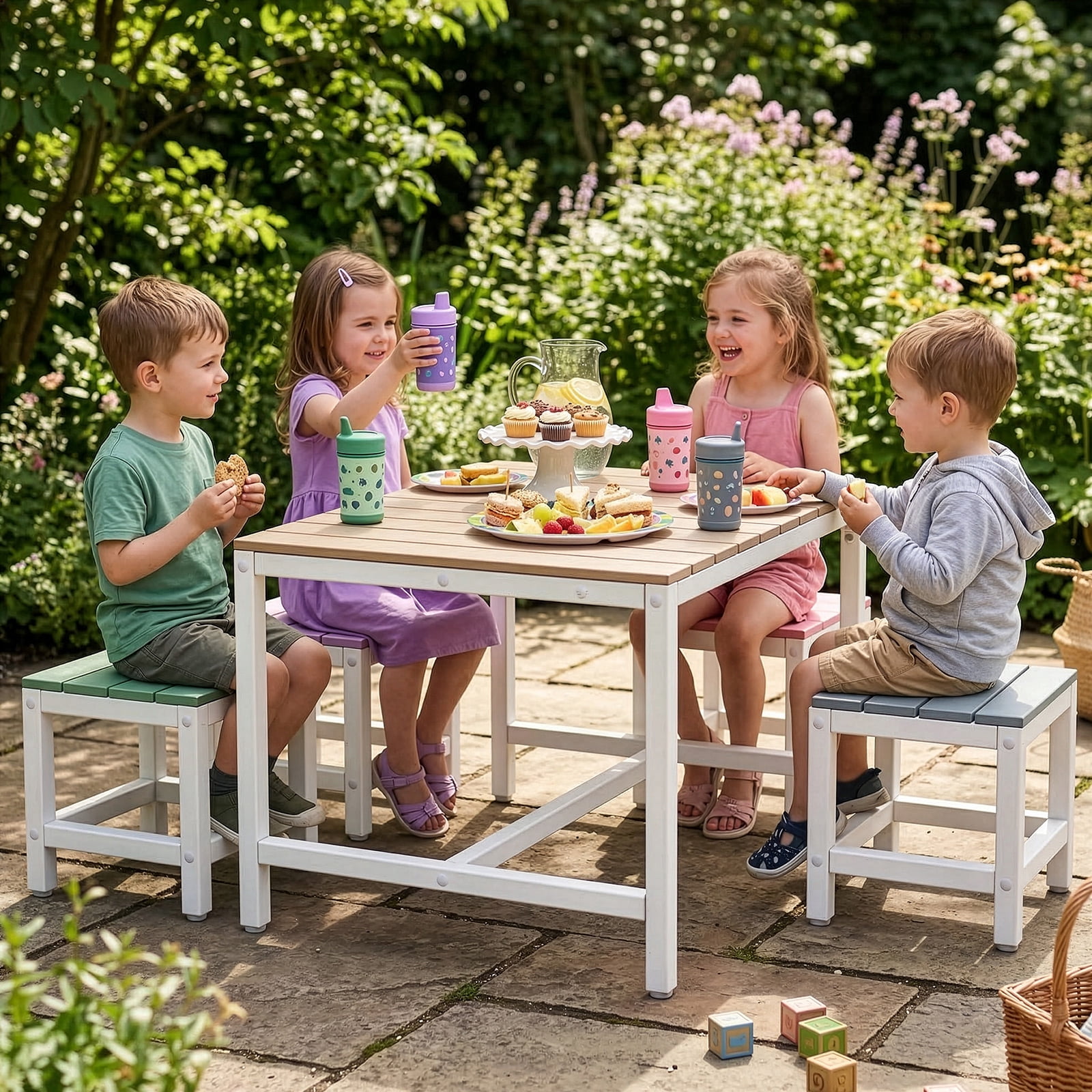 5-Piece Children'S Patio Table And Chair Set (1 Table + 4 Stools), 29.5in