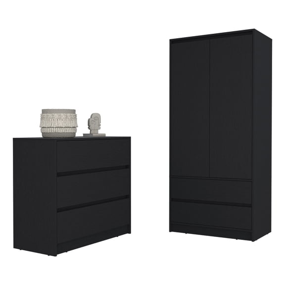 Bedroom Furniture in Black - Three Double Drawers and Metal Rod - Different Room Sizes - Practical Storage