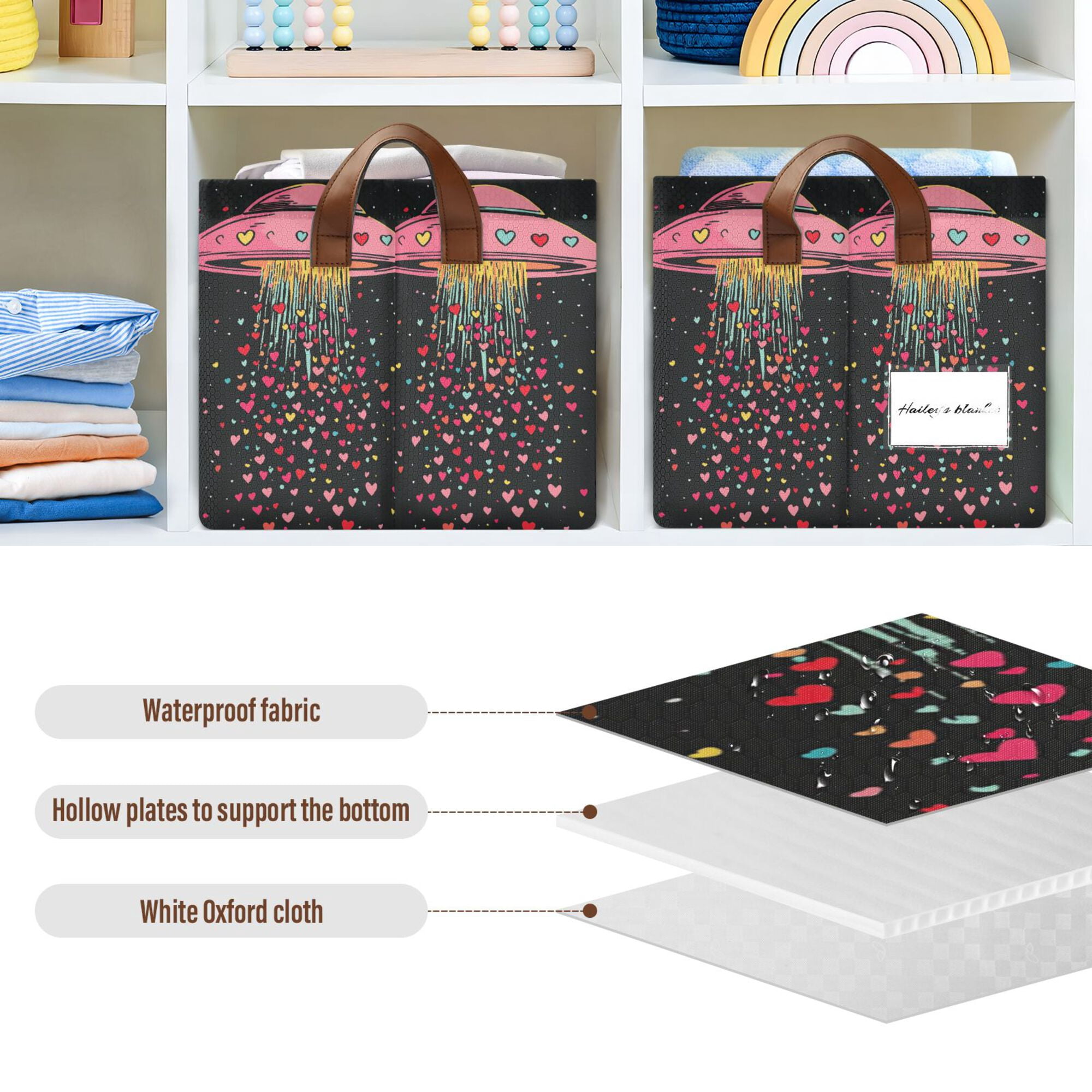 Yayeee Foldable Storage Basket for Shelves Waterproof Cloth Bins with Handles, UFO with Hearts Pattern
