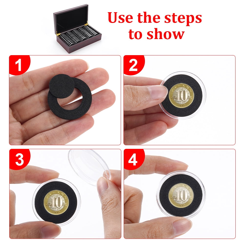 Vorfor 50Pcs Wooden Coin Storage Box, Coin Collector Display Commemorative Coin Case with 6 Sizes Foam Gasket and Plastic Storage Organizer Box