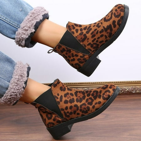 

Christmas Gift Juebong Winter Boots Women Leopard Print Shoes Casual Boots Plus Size Slip On Shoes