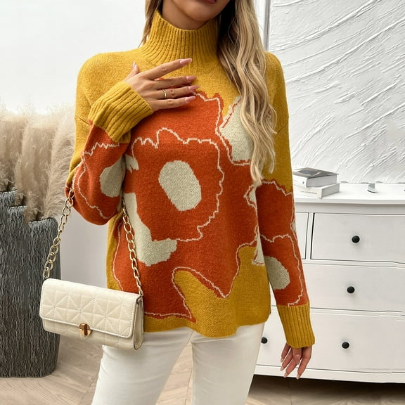 Crunowin Women's Fashion Sweater, Long Sleeve Loose Fit Comfort Wear Floral Printed High Collar Casual Pullover Tops Orange S