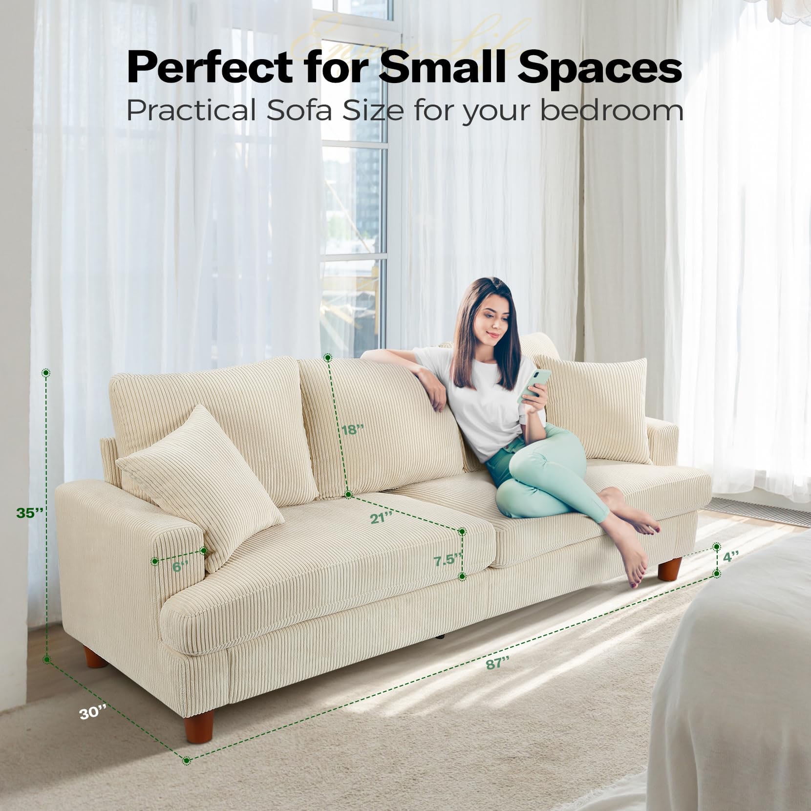 87" Corduroy Sofa,3 Seater Sofa with Extra Deep Seats,Neche Comfy Upholstered Couch for Living Room,2 Pillows,Beige