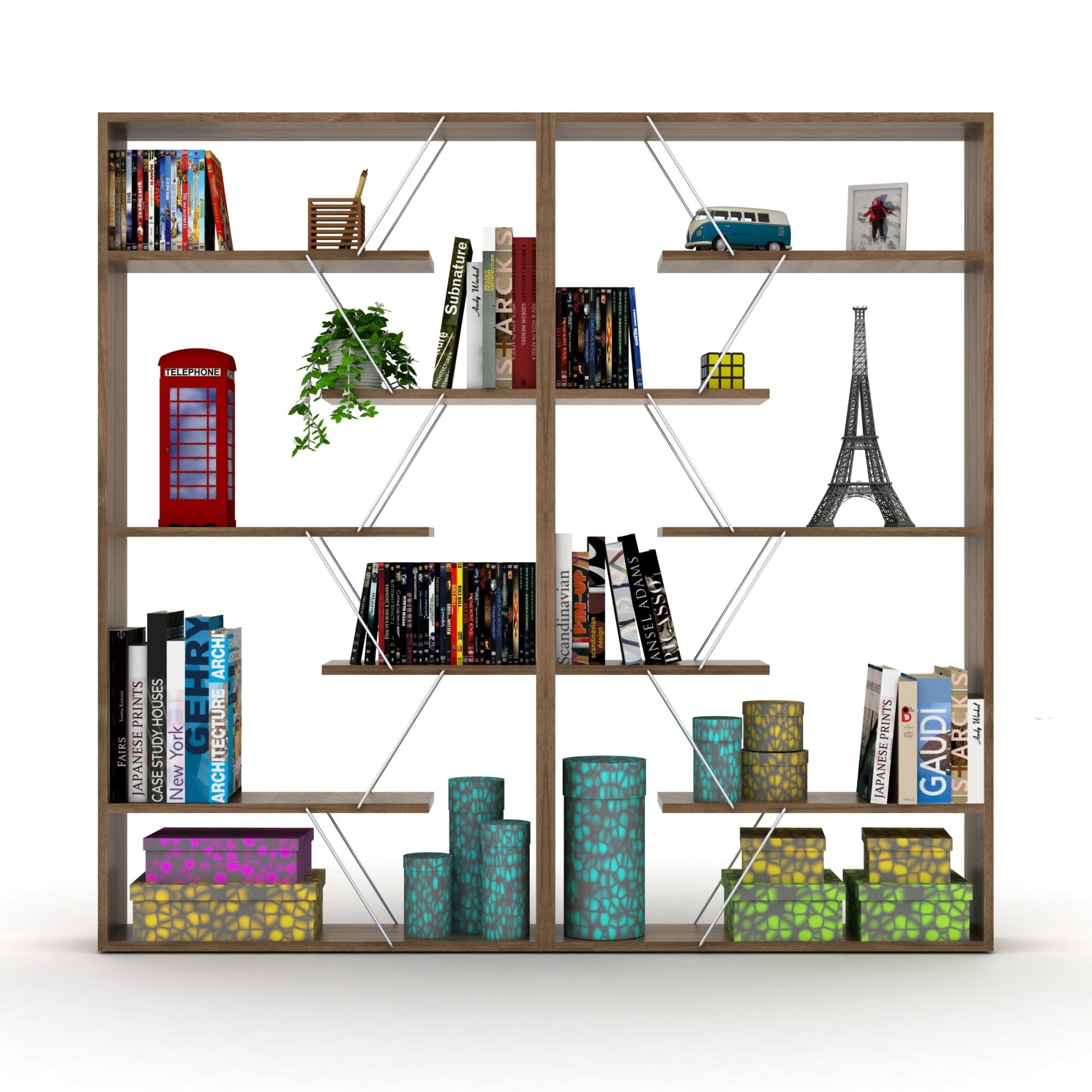 ZHAOXIXING Furniture Wood Frame Etagere Open Back 6-Shelf Bookcase, Walnut/Chrome
