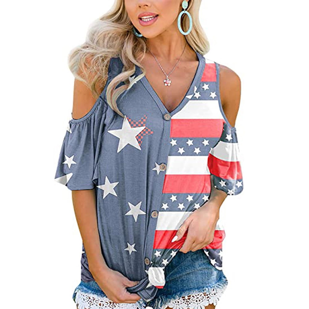 Pandaie Womens T Shirt Blouse Independence Day USA Flag Letter Print Casual Shirts O Neck Crop Top T-Shirt 