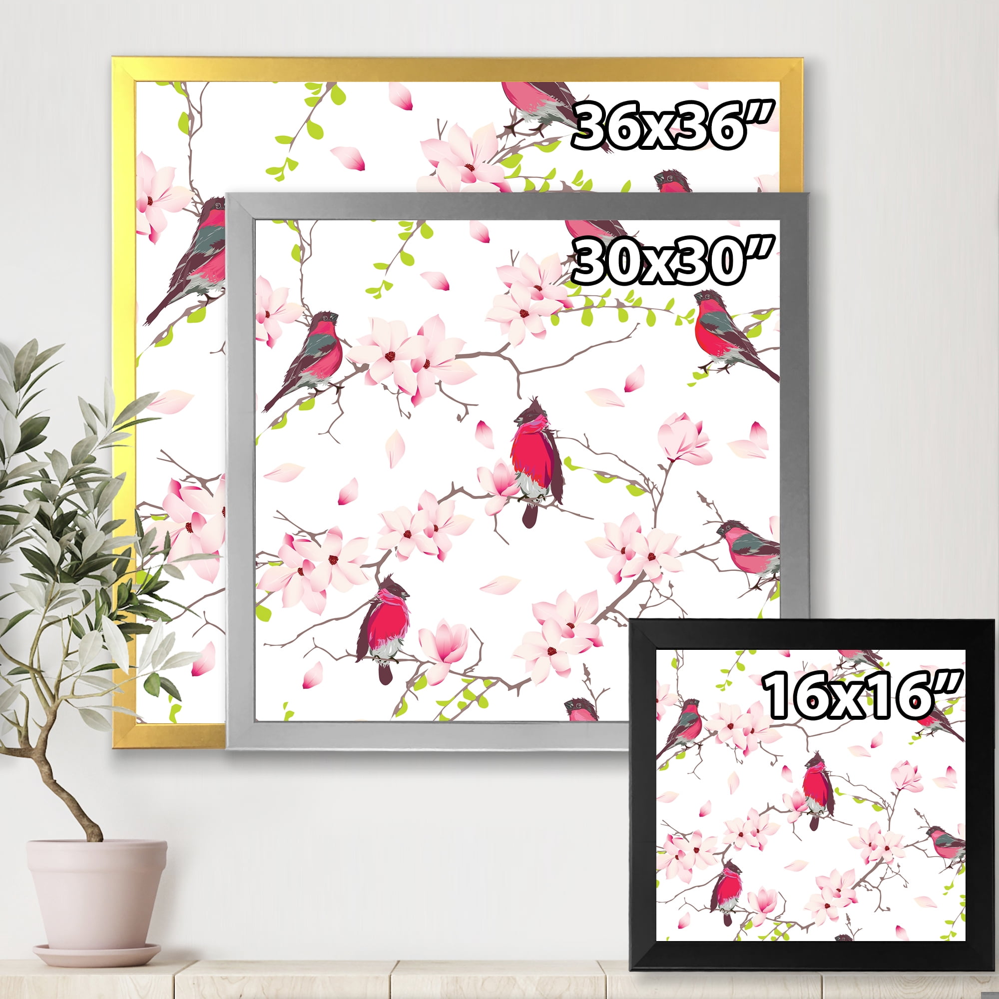 Designart 'Red Bullfinches Sitting On Magnolia Tree' Traditional Framed Art Print