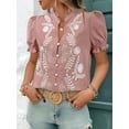 thumbnail image 6 of Women'S Summer Tops 2025 Casual Ruffle V Neck Puff Short Sleeve Button Down Shirts Embroidered Blouses Pink XL, 6 of 7