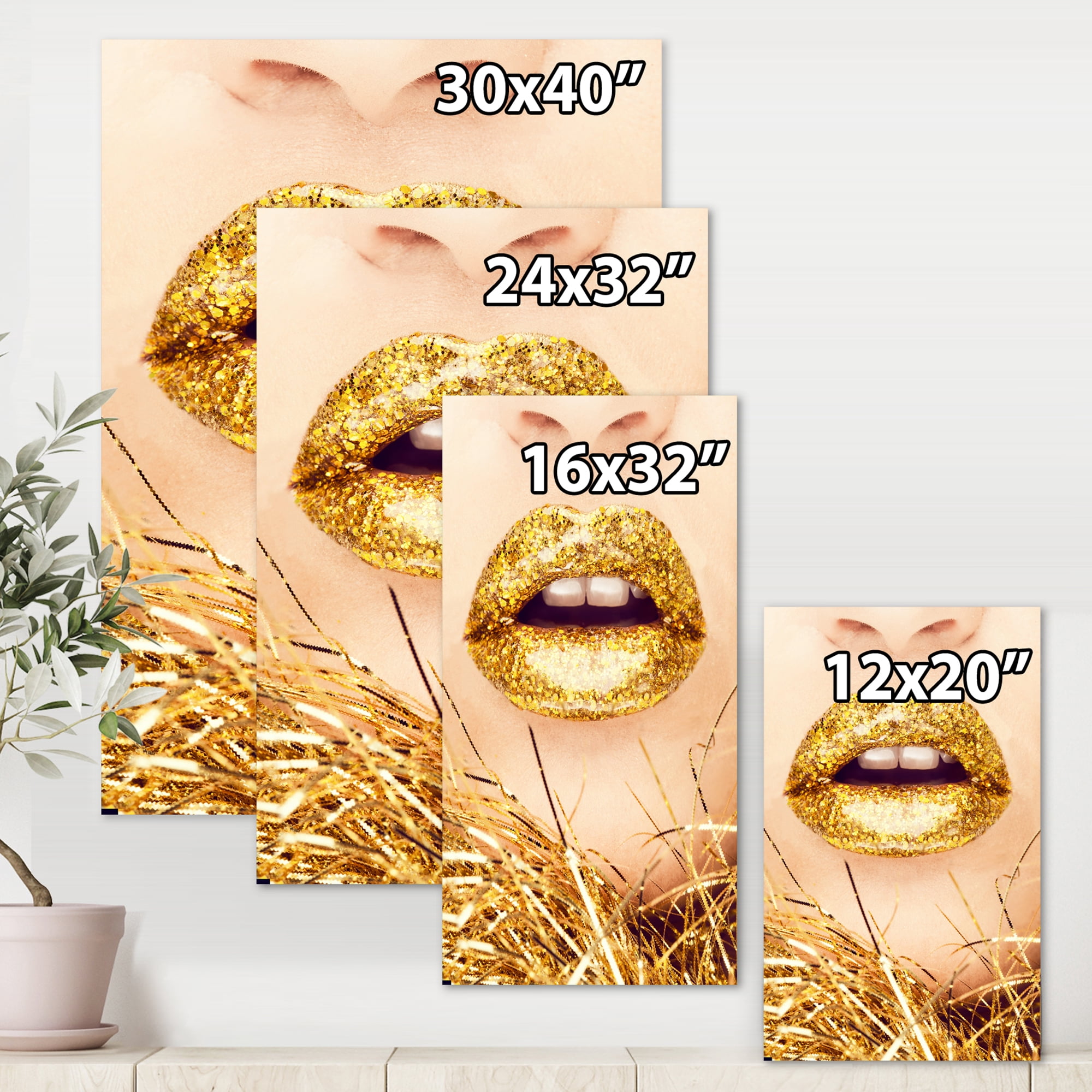 Designart ' Close-Up Of Golden Female Lips I ' Modern Canvas Wall Art Print