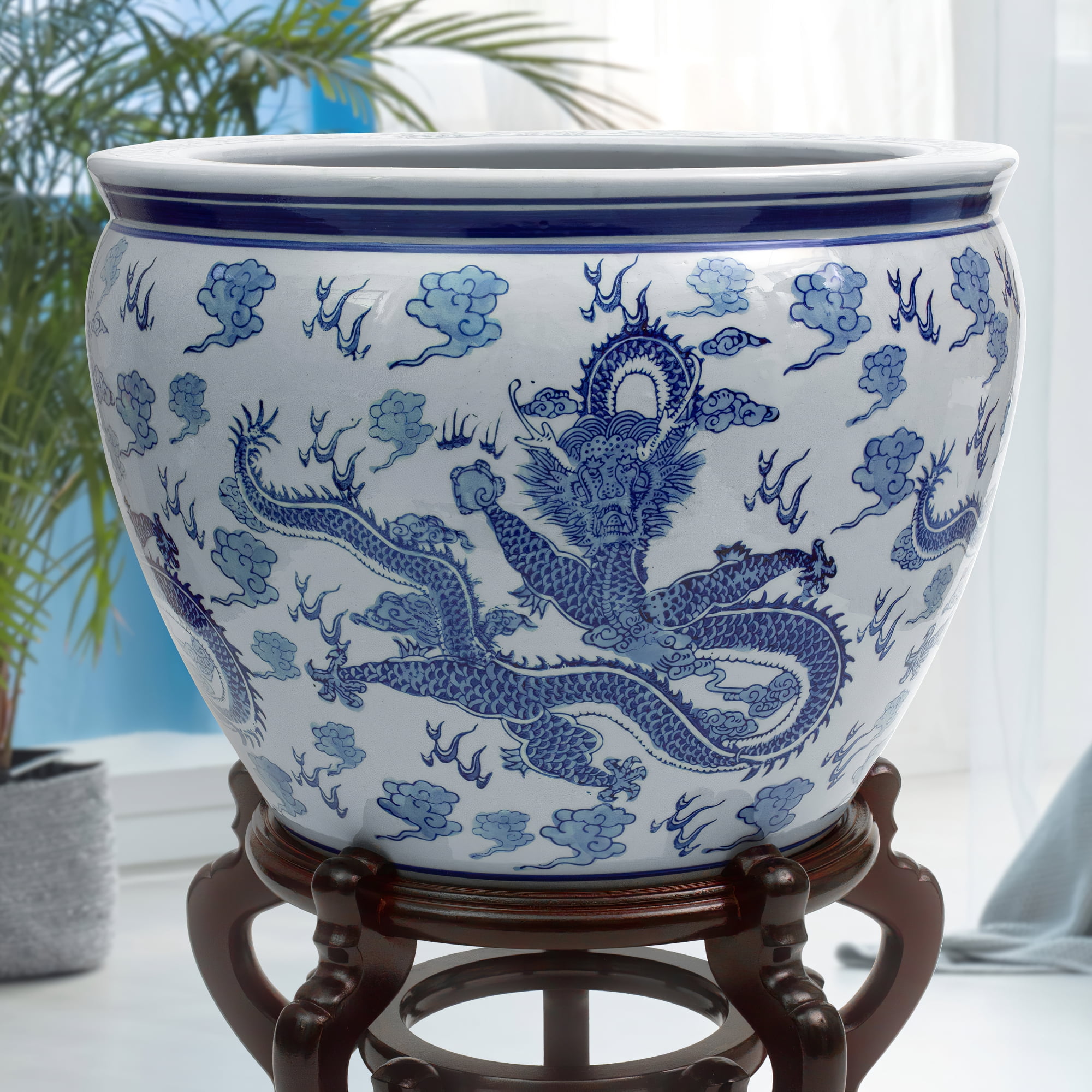 Red Lantern 14" Dragon Blue & White Porcelain Fishbowl Planter