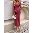 thumbnail image 5 of Womens V Neck Casual Knitted Long Sleeve Maxi Dress Slim Fit Ribbed Out Fall Winter Fashion Clothes Wine Red L, 5 of 9