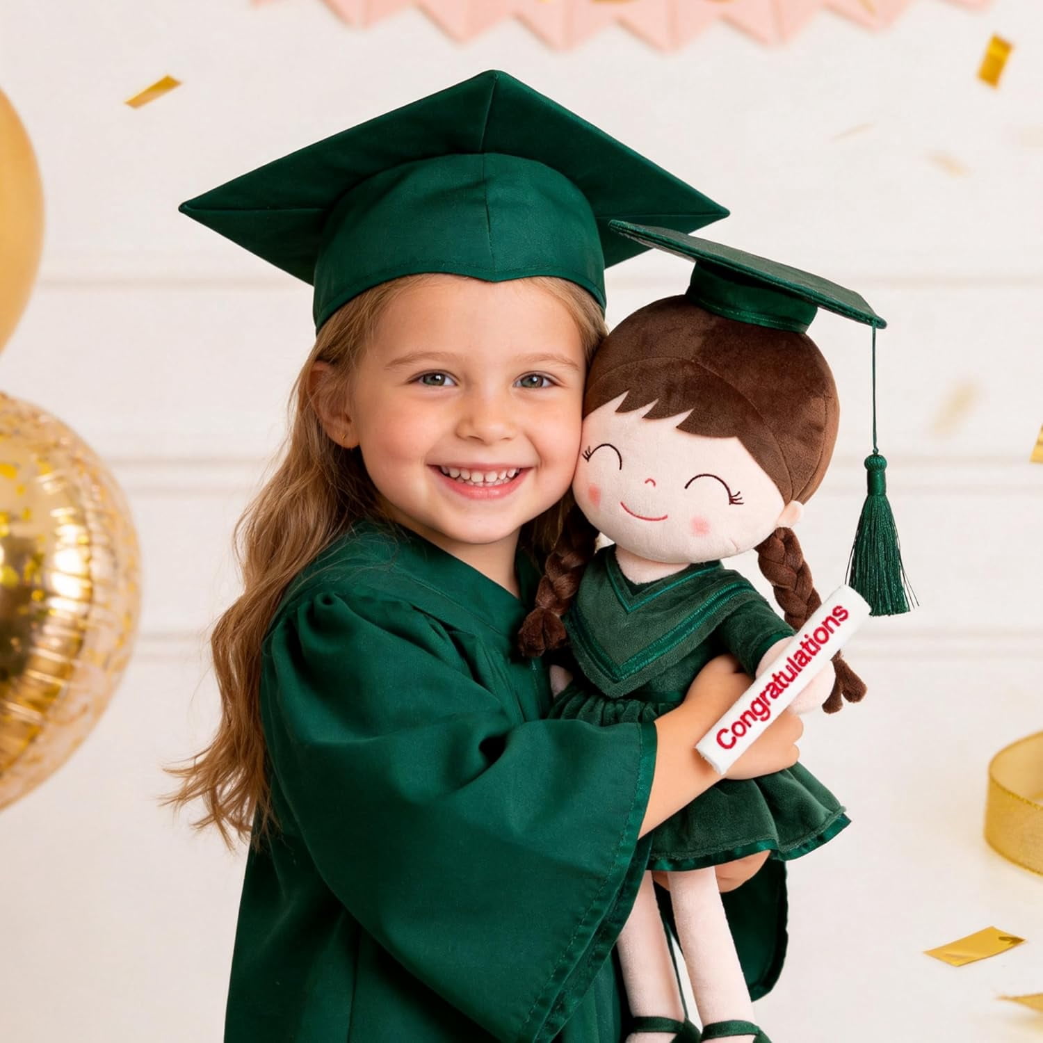 Gloveleya 16" Dark Green Graduation Doll - Elegant Plush Scholar Doll with Cap & Gown - Kindergarten Graduation Keepsake, Class of 2026 Achievement Gift