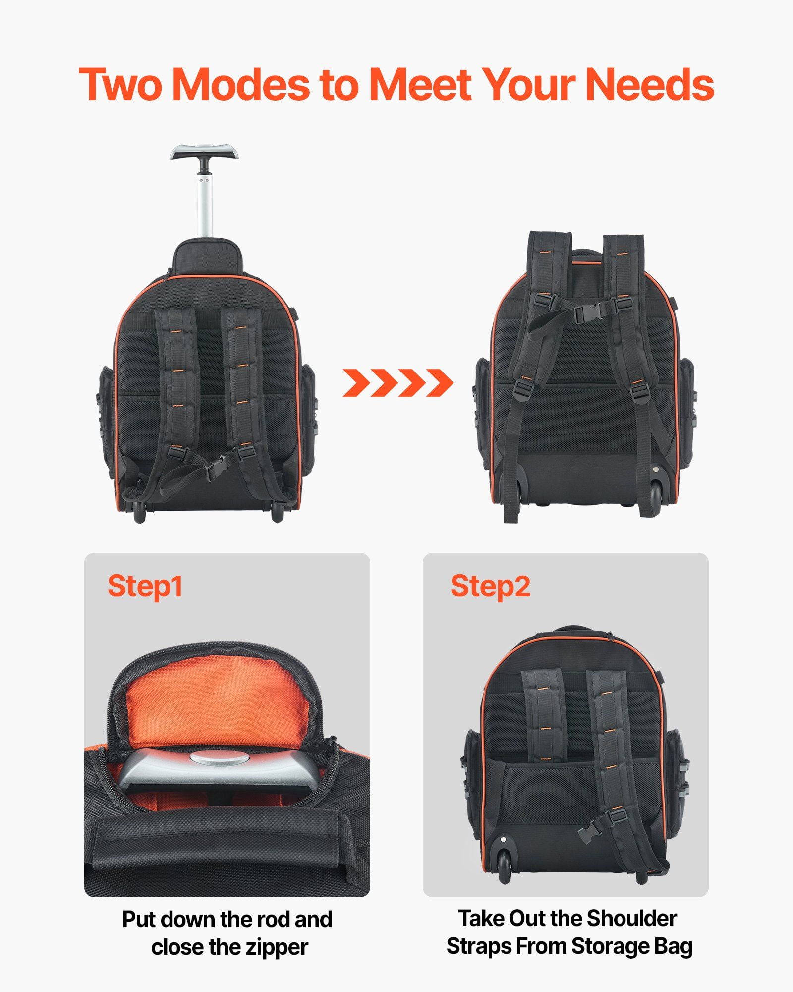 Rolling Tool Backpack 45 Pockets Heavy Duty Roller Tool Bag on Wheels
