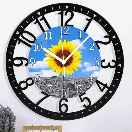 Iron Sunflower Wall Clock Silent Non-Ticking Battery Operated Clock 10 Inch Decorative Yellow Flower Blue Sky- Clock for Kitchen Living Room Office. Style 10×10inch(25×25cm)