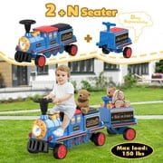 TOKTOO 12V Powered Ride on Toy Train for Kids, Ride on Train Locomotive & Train Carriage W/ Rubber Wheels, Storage Box-Blue