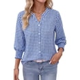 thumbnail image 3 of Fantaslook Plaid Womens Button Down Shirts 3/4 Sleeve V neck Tops with Smocked Cuffs Dressy Cotton Blouses, 3 of 10