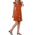 thumbnail image 4 of VESTIDO FLORAL CON VOLANTES PARA MUJERES, SIN MANGAS, CUELLO CUADRADO, COLOR ROJO NARANJA, 4 of 6