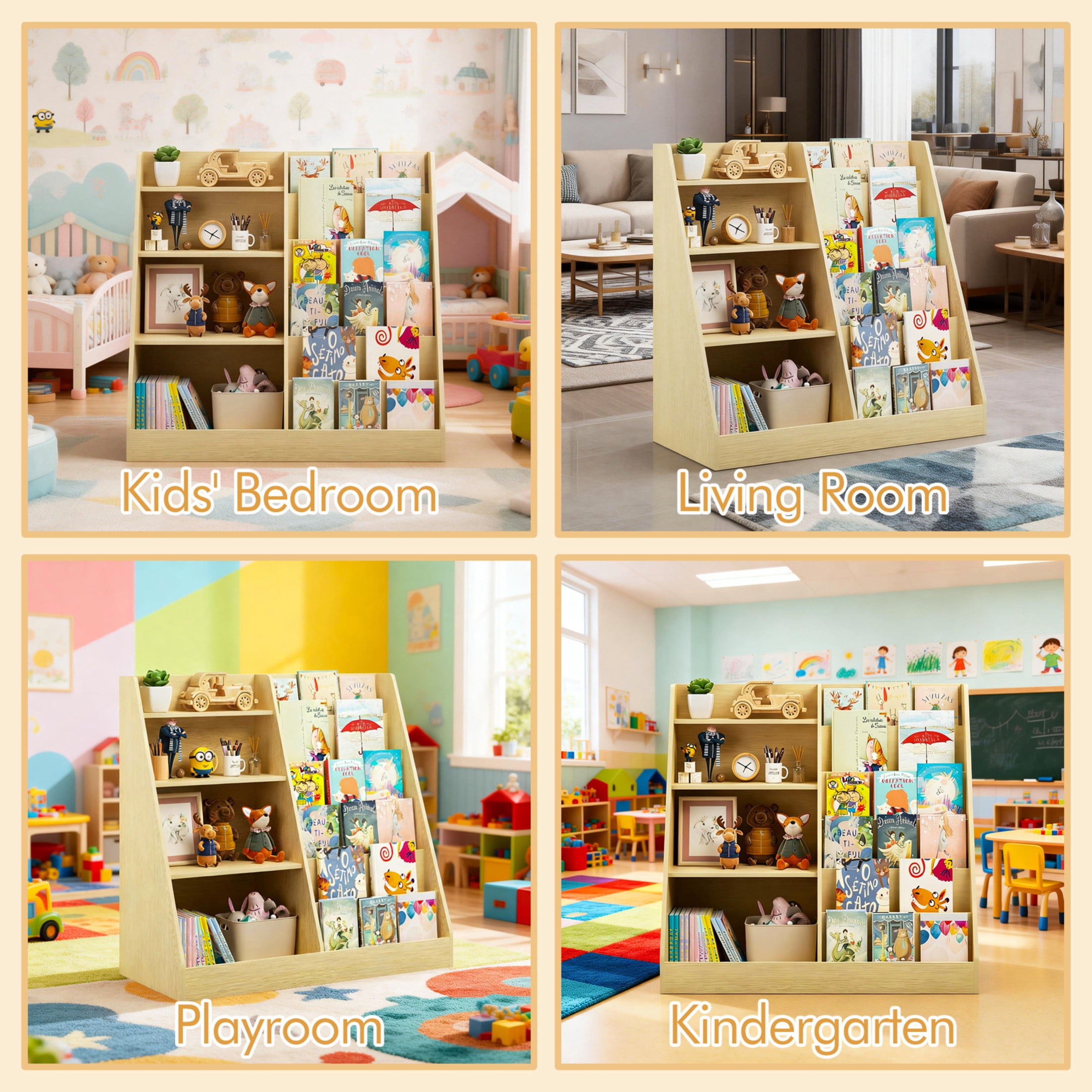 Noble House Kids Bookshelf and Toy Storage Organizer, 4-Tier Wooden Bookcase for Nursery, Playroom, Natural