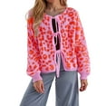 thumbnail image 2 of larppty Womens Y2k Bow Tie Front Cardigan Sweaters Oversized Fall Open Front Leopard Print Cardigans Cute Loose Knit Coats (Pink, XL), 2 of 8