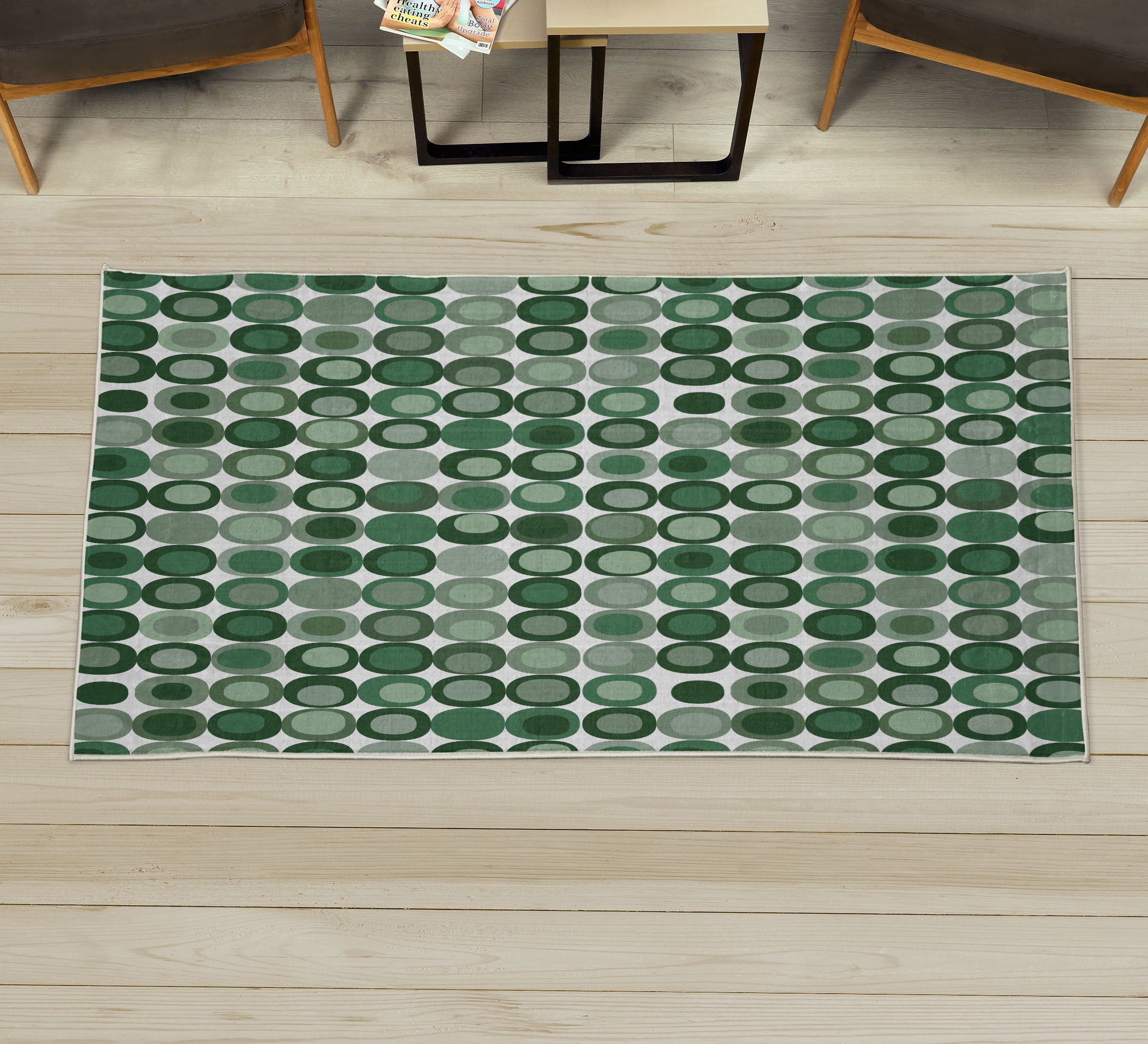 Mid Century Decorative Rug, RetroThemed Styled Round Edged Mosaic Inspired Repeated Square