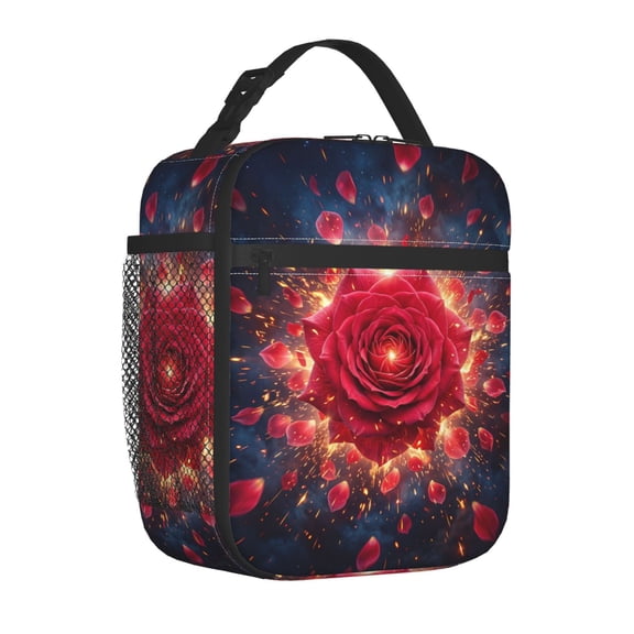 Rose Flower Lunch Box, Victorian Botanical Art Insulated Carrier, Reusable Thick Dual-Layer Thermal Tote, Beautiful Handheld Food Storage Bag for Work
