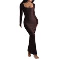 thumbnail image 3 of Vestido Informal de Larga para Mujer, con Escote Cuadrado, Suave, Ajustado, para y Otoño. Marrón Oscuro L, 3 of 8