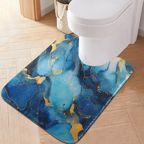 Toilet Rug U-Shaped Bathroom Rugs Non-Slip Soft Plush Machine Washable Contour Bath Mat Sapphire Blue White Marble 24x20