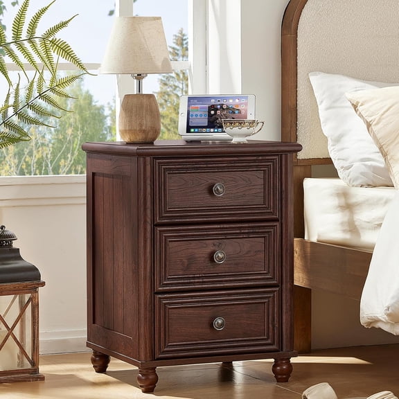 18" Farmhouse Night Stand, Walnut Wood Nightstand with 3 Drawers, Bedside End Table with Storage and Roman Column, Bed Side Tables Cabinet for Bedroom, Living Room, and Closet