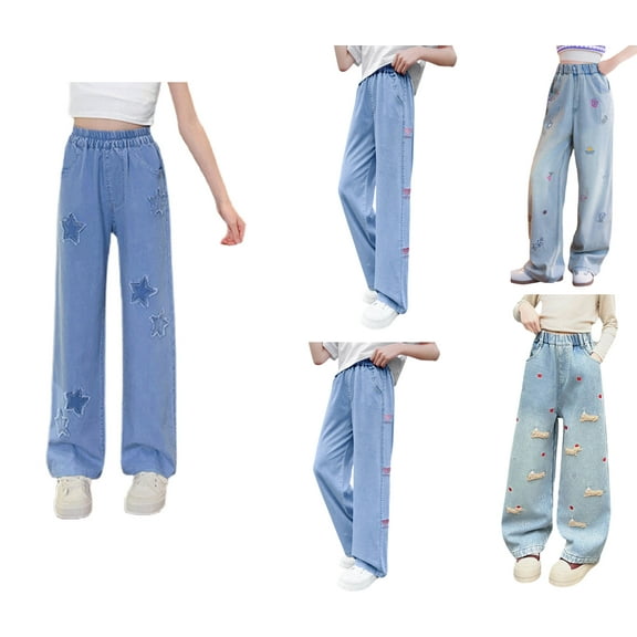 HAOTAGS Girls Jeans Denim Pants, Star Printed Loose Pocket High-Waisted Straight Jeans Blue 5-6 Years