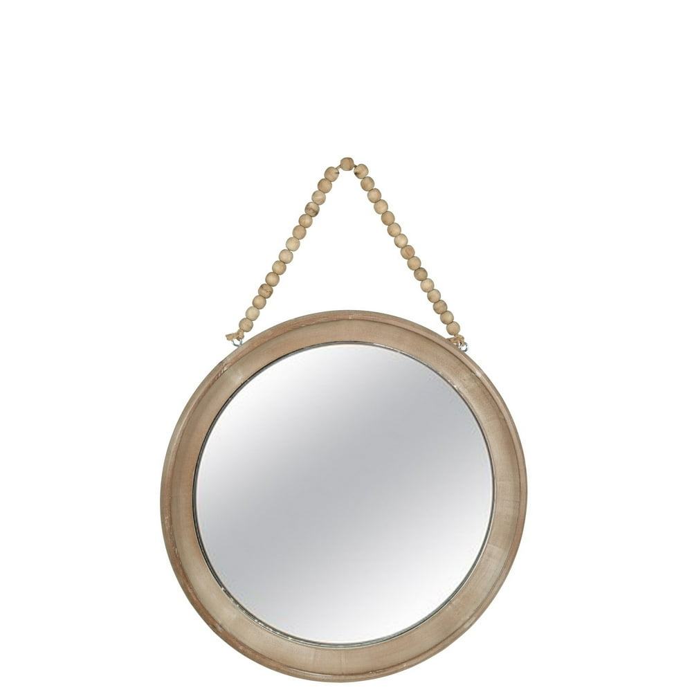 Round Wooden Top Wall Mirror with Beaded Hanger, Set of 2, Brown