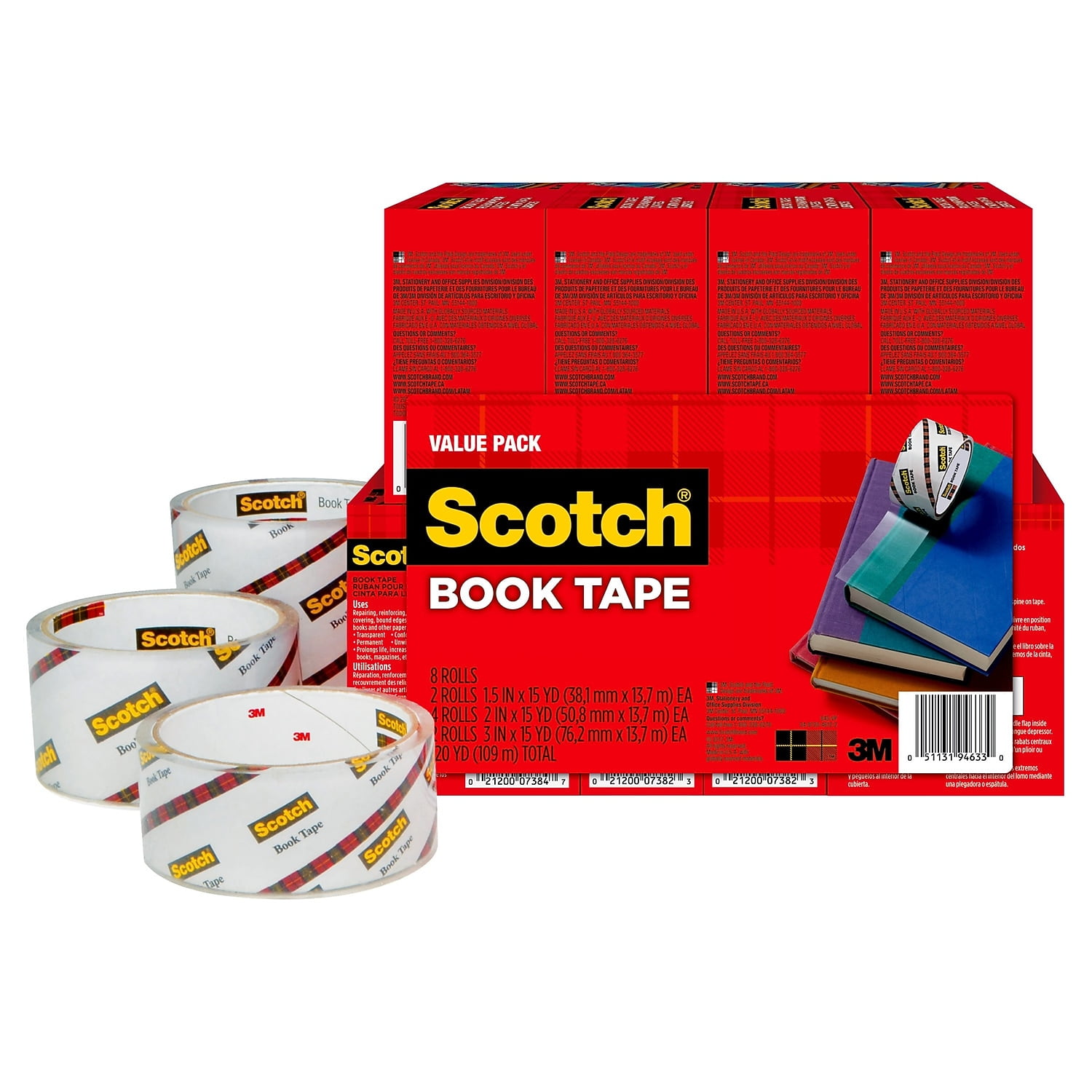 Scotch Book Tape Value Pack, 3" Core, (2) 1.5" x 15 yds, (4) 2" x 15 yds, (2) 3" x 15 yds, Clear, 8/Pack