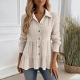 thumbnail image 2 of Uaswgudfs Women's Long Sleeve Polo Collar Button Down Shirt with Ruffled Hem, Casual Loose Fit for Fall, Lightweight Basic Shirt Beige 3XL, 2 of 6
