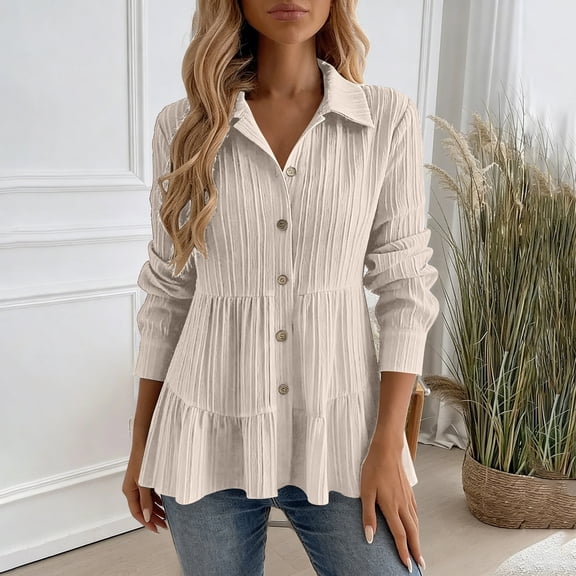 ClodeEU Womens Long Sleeve Collar Button Peplum Shirts Tops,Cute Trendy Tunic Blouses Beige,Womens Plus M