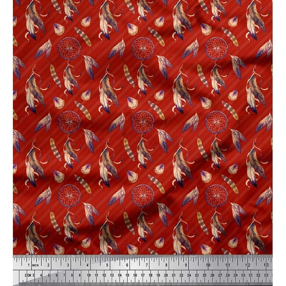 Soimoi Red Cotton Voile Fabric Feather & Dream Catcher Home Decor Print Sewing Fabric Yard 42 Inch Wide