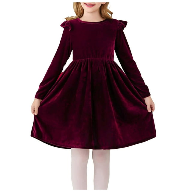 Splozh Robes de Noël pour Bébés Filles Robe en Velours pour Enfants Filles à Volants à Manches Longues Décontractée Robe de Printemps Automne Robe de Fête de Noël Tenues d'Hiver Bordeaux,6-7 Ans