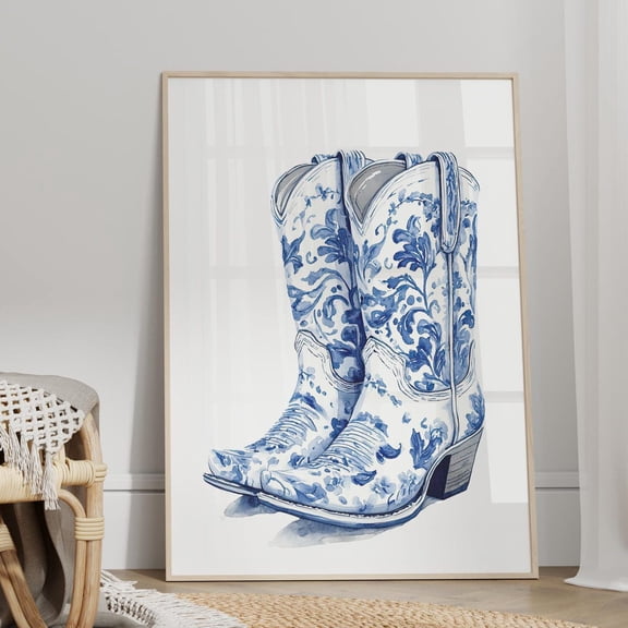 Blue Cowgirl Boots Wall Art, Western Chinoiserie Decor, Unframed Paper Print Size 8x12