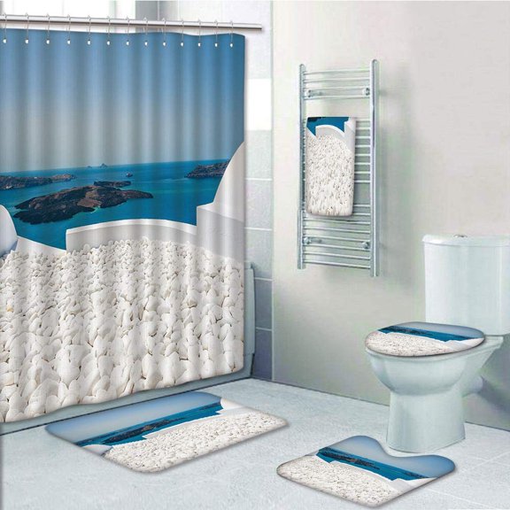 PRTAU Hotel with Stones Santorini Island Greece Landscape with Sea 5 Piece Bathroom Set Shower Curtain Bath Towel Bath Rug Contour Mat and Toilet Lid Cover