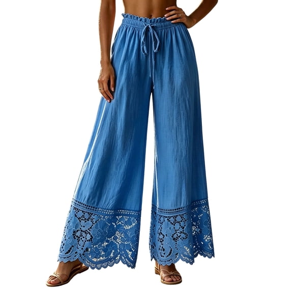 Edvintorg Flowy Pants for Women Fashion Lace Elastic Waisted Lightweight Loose Wide Leg Casual Trouser with Drawstring Women's Clothes Blue XL