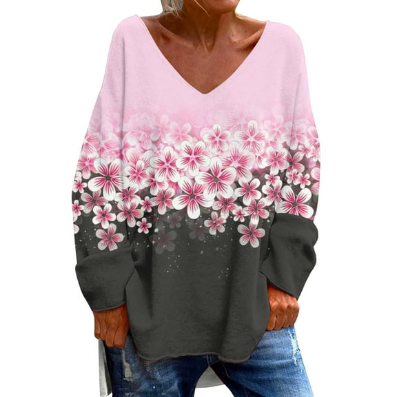 Tiqkatyck Womens Fall Shirts, Women's Fashion Casual Breast Cancer Awareness V Neck Long Sleeve Shirts Loose Top T Shirt Graphic Tees for Women, Breast Cancer Shirts for Women Black L