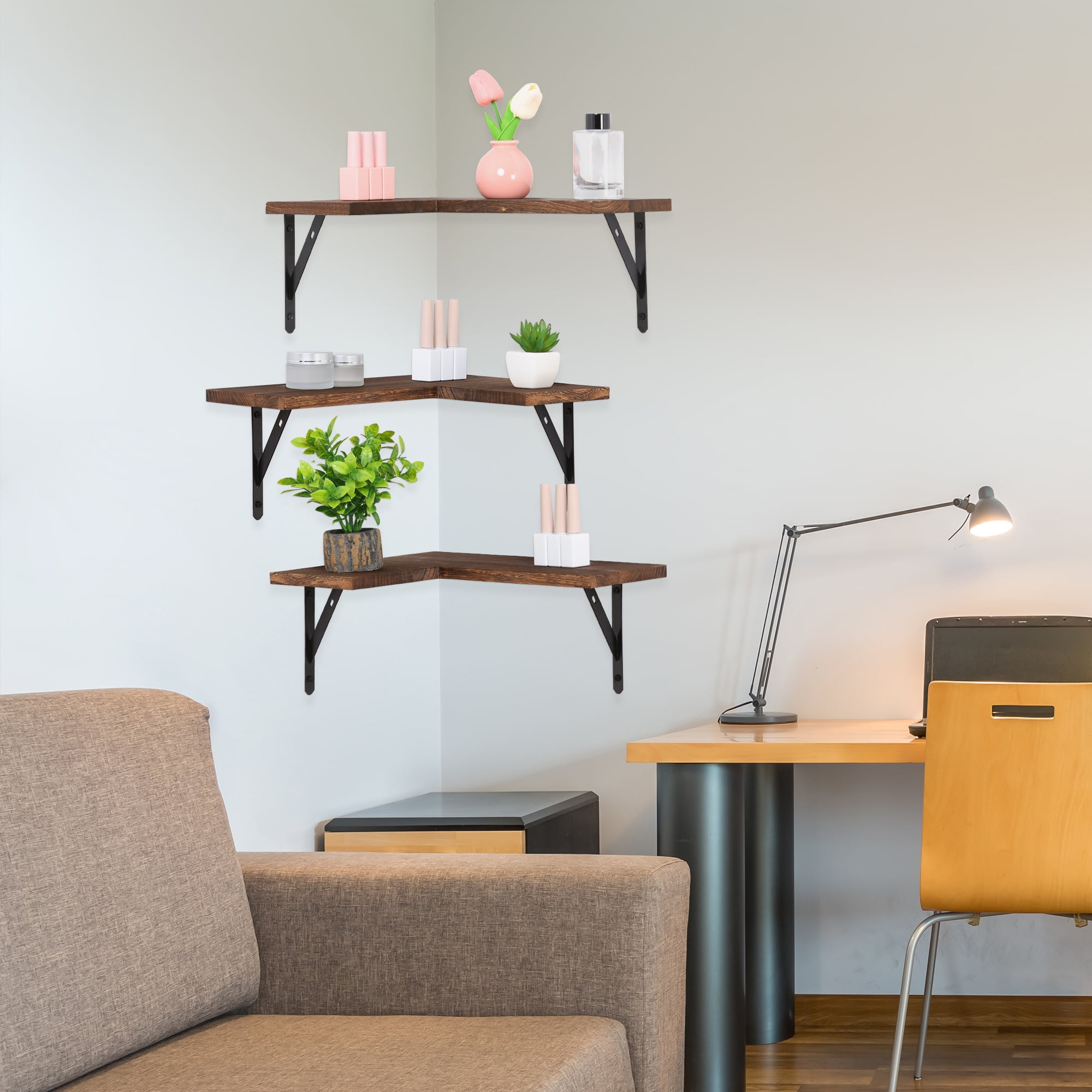 Unique Bargains Wood Floating Shelves Set of 3 Wall Mounted Shelves Dark Brown 15.7"