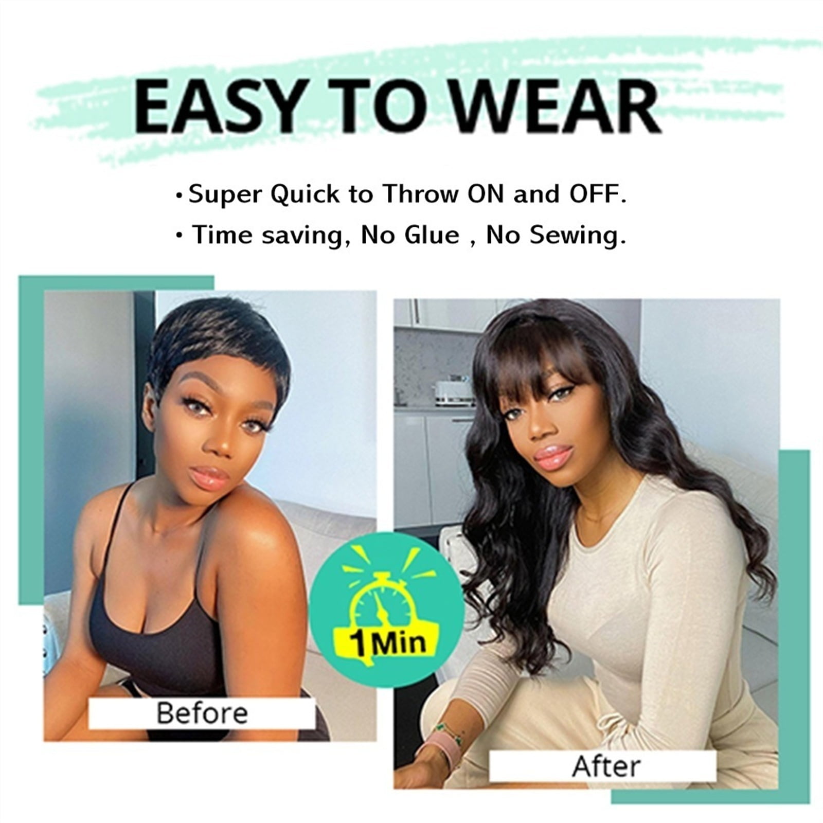 Fake Scalp Wigs with Bangs, Body Wave Brazilian Human Hair Wigs with Bangs 8-24 Inch Natural Top Scalp Human Fringe Wigs for Women