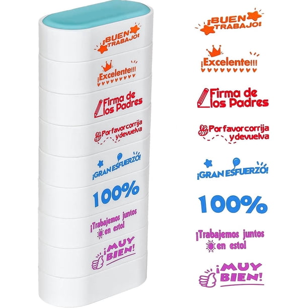 Sellos para Maestros, 8 Piezas Sellos Personalizados en Español e Inglés, Juego de Sellos Escuela Autoentintados para Calificación, Comentarios Alentadores, Sello de Oficina