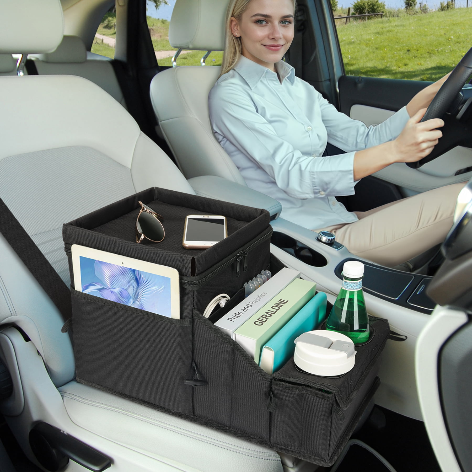 INFANZIA Car Seat Organizer, Backseat Van Organizer with Cup Holders for Car Front Passenger and Back Seat, Carseat Storages with Cooler Compartment for Kids and Adults for Toy, Snacks, Black