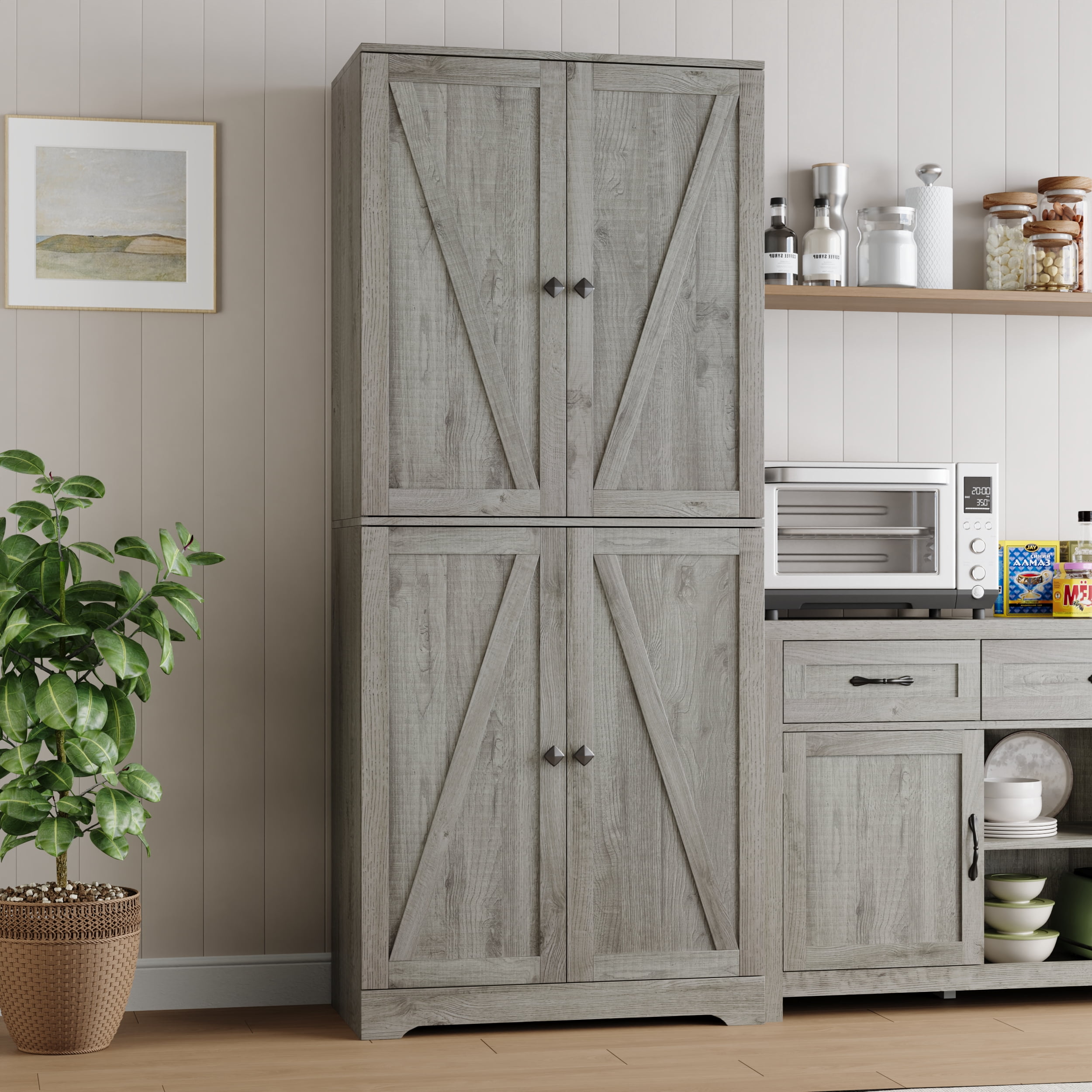 YouTrend 72'' Farmhouse Kitchen Pantry Cabinet with 4 Barn Doors,Storage Cabinet W/ 4 Shelves for Living Room,Kitchen,Bathroom,Office,Gray
