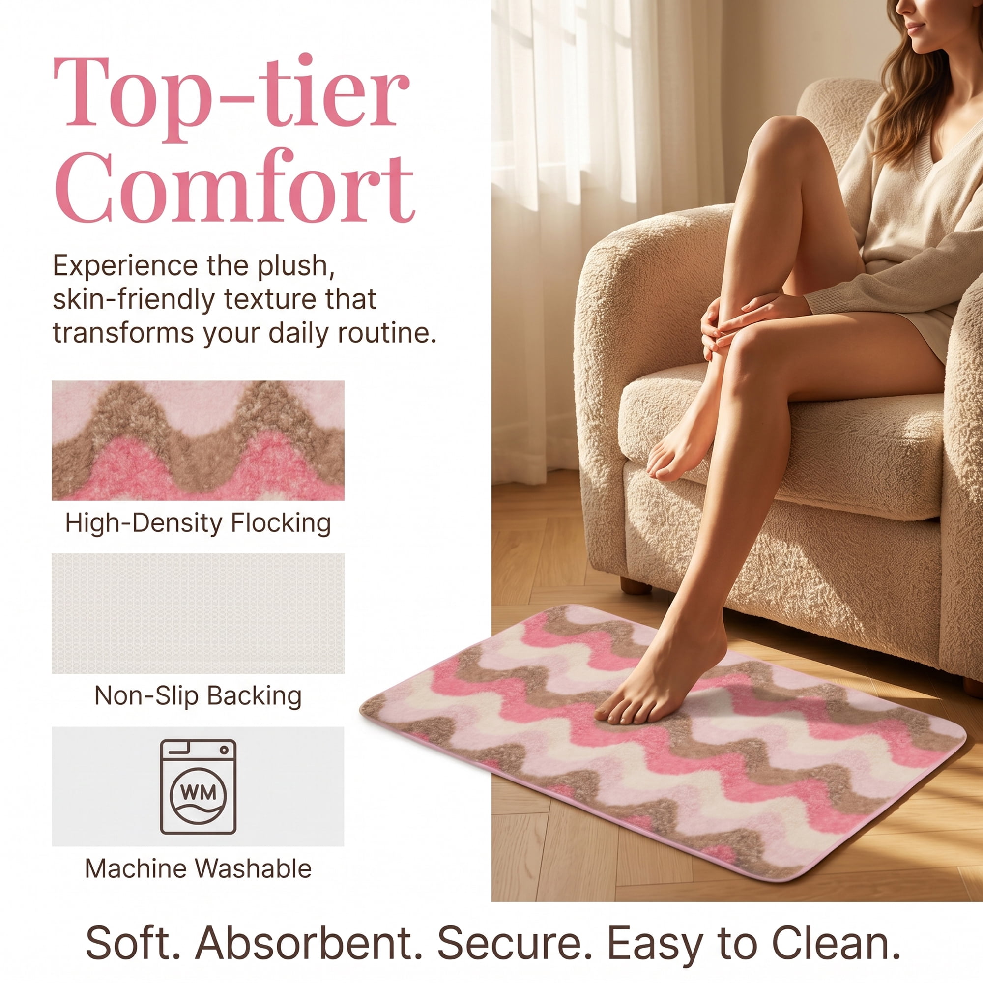 Unique Bargains Absorbent Non-Slip Machine Washable Geometric Bath Mat Rose Pink 24" x 16"