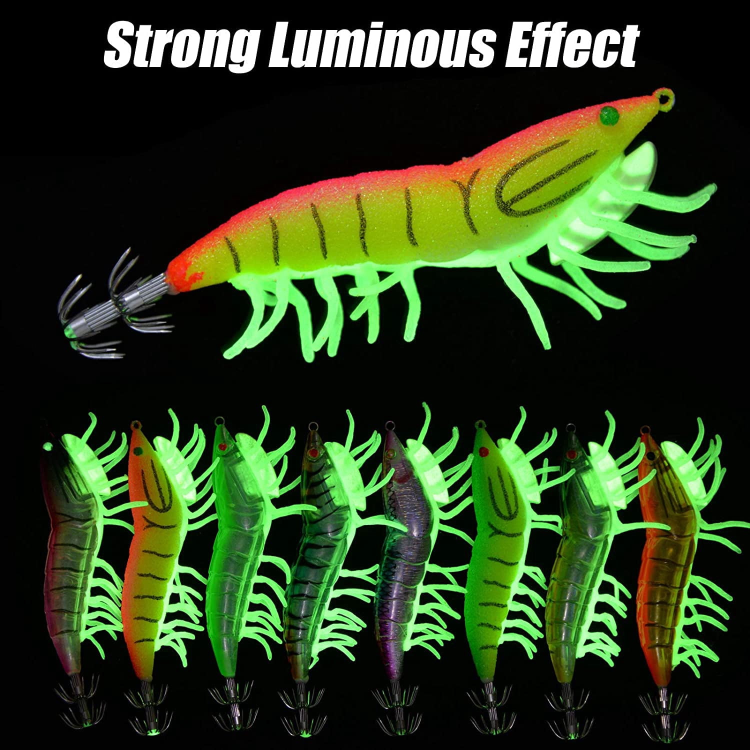 Luminous Shrimps Fishing Jig Hooks Saltwater Lure, 8pcs Plastic Glow Baits Artificial Fishing Lure Set Octopus Cuttlefish