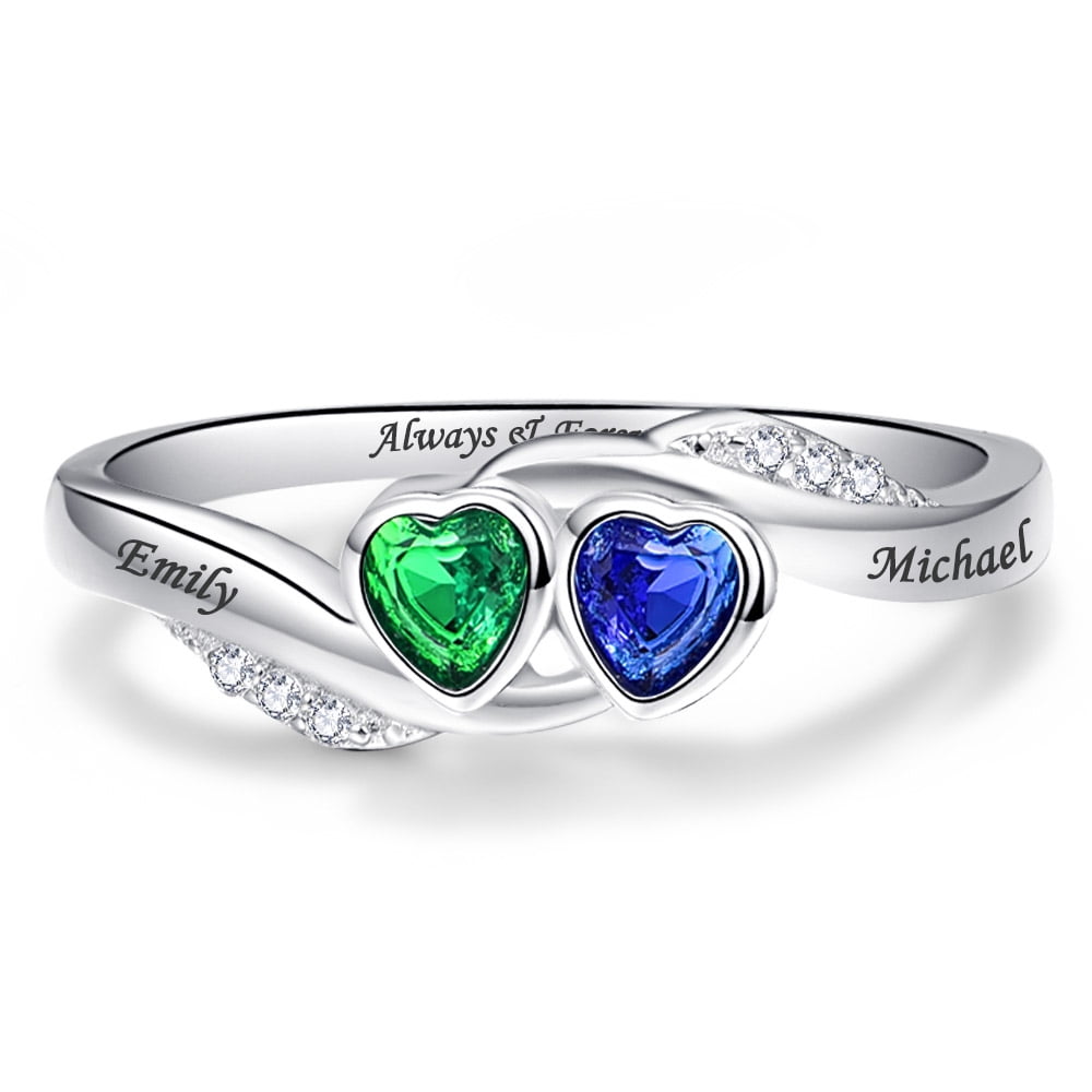 Personalized Anniversary Love Heart Promise Ring for Women 925 Sterling Silver with 2 Names and 2 Simulated Birthstones