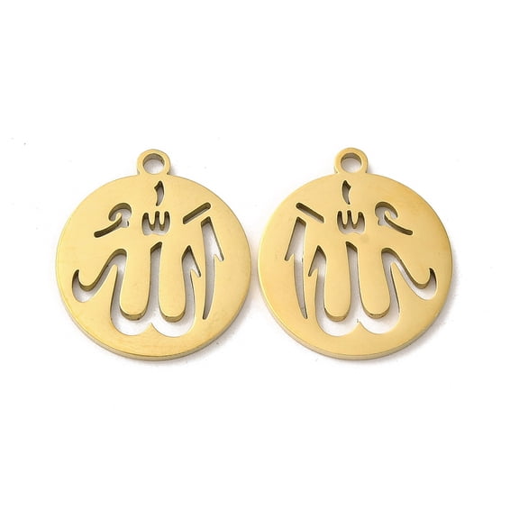 Ion Plating(IP) 304 Stainless Steel Pendants Flat Round with Allah Charm Real 18K golden Plated 20x17.5x1.5mm Hole: 1.8mm