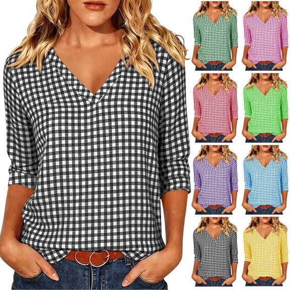 Bosfbaoi Summer Tops for Women V Neck 3/4 Length Sleeve Womens Tops Casual Loose Fit Gingham Plaid Blouse