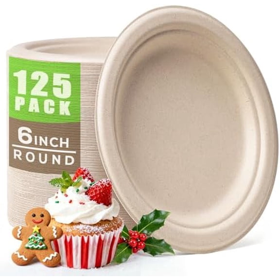 Compostable Small Paper Plates 6 Inch 125 Pack Dessert Plates Disposable Heavy-duty Made of Sugarcane Fiber