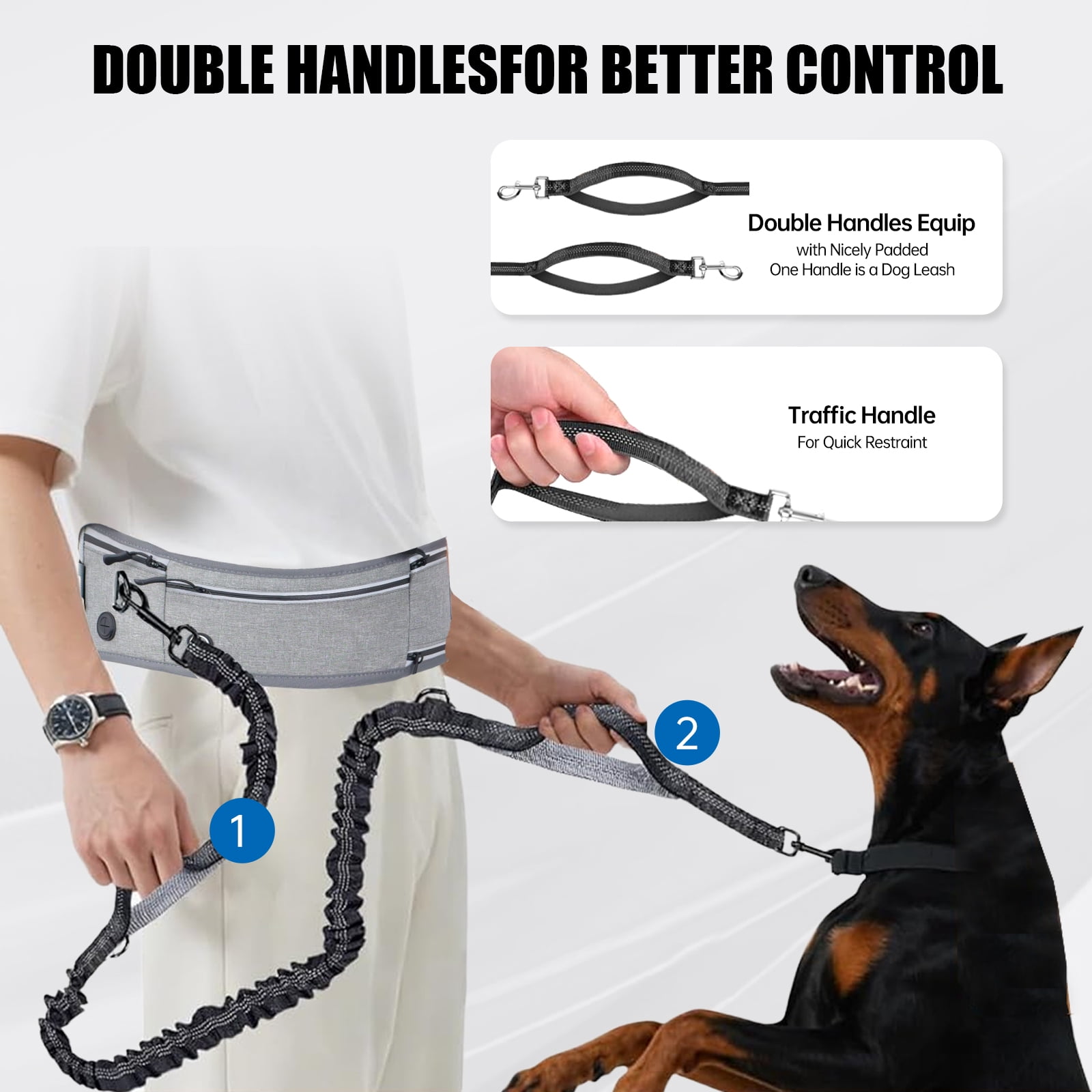 Hands Free Dog Leash with Waist Belt & Storage - Bungee Shock Absorber for All Size Dogs